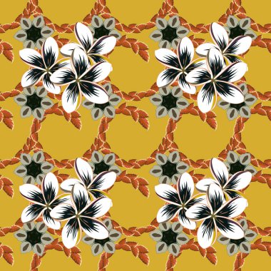 Plumeria çiçekleri turuncu, sarı ve gri renklerle renklendirilmiş kusursuz çiçek deseni. Vektör illüstrasyonu.