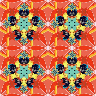 Turuncu, siyah ve sarı renklerde kusursuz desen. Küçük çiçeklerdeki sevimli çiçek desenleri. El çizimi soyut çiçekleri.