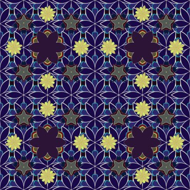 Noel aromalı kar taneleri pürüzsüz desenlidir. Vektör çizimi. Mavi, kahverengi ve mor simli kar taneleri. Kış kar tasarımı duvar kağıdı. Sembol bayramı, Yeni Yıl 2019 Kutlaması.