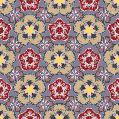 İslami vektör katırlı tasarım. Çiçek motifli Motley fayanslar. Doğulu süslemesiz desen. Mor, gri ve kırmızı renkli tekstil baskısı.