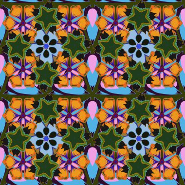 Vektör çizimi. Mavi, turuncu ve yeşil renklerde, karışık çiçeklerle kusursuz çiçek deseni..