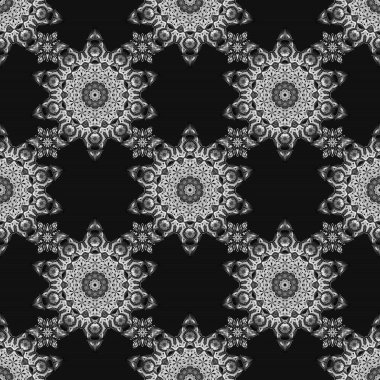 Gri ve siyah renklerle ışıldayan arkaplan çizimi. Vektörsüz Noel süsü deseni.