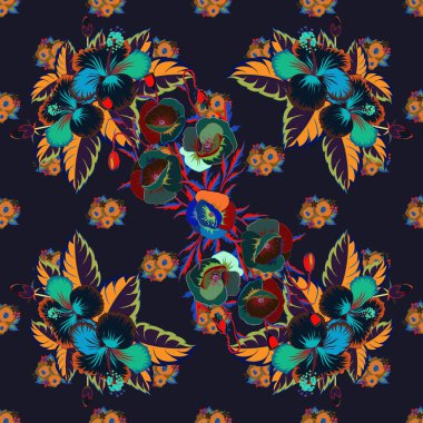 Şirin vektör çiçek deseni. Vektör çizimi. Mavi, turuncu ve gri renklerde desensiz çiçek deseni.