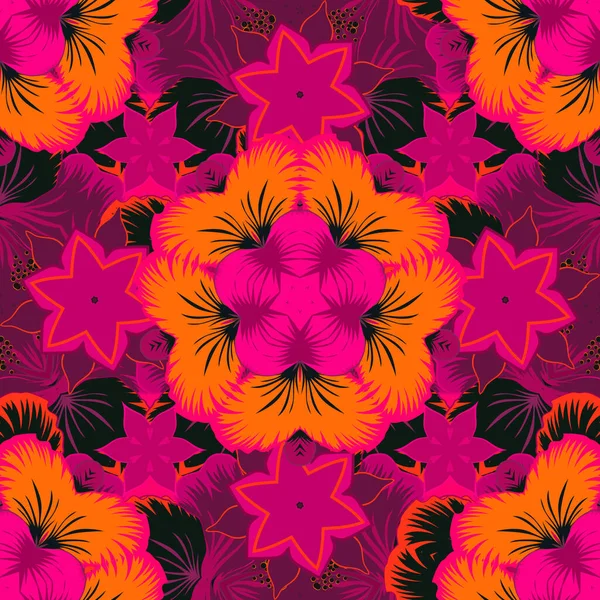 Цветы Бесшовный Узор Пурпурный Красный Оранжевый Цвета Милый Векторный Цветочный — стоковый вектор