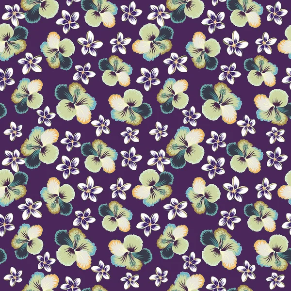 Vector Tropische Bladeren Grijze Paarse Violette Bloemen Hand Geschilderde Illustratie — Stockvector