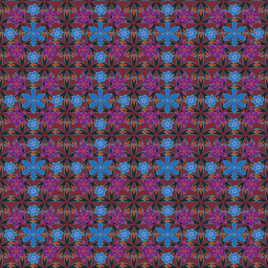 Küçük bir çiçekte hoş, pürüzsüz bir desen. Vektör çizimi. Moda baskıları için zarif bir şablon. Pembe, mavi ve kahverengi renkte Ditsy çiçek stili.