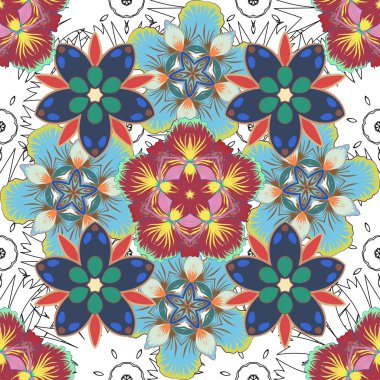 Mavi, kırmızı ve pembe renklerde klasik, dikişsiz desen. El yazısı vektör çiçekleri, pullar, anahtarlar.