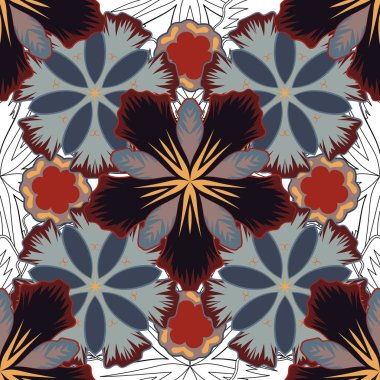 Çiçekleri ve yaprakları kahverengi, mavi ve gri renklerde olan kusursuz çiçek deseni.