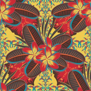 Kırmızı, kahverengi ve sarı renklerde çiçeklerin kusursuz dokusu. Plumeria çiçekleriyle optik yanılsama. Vektör illüstrasyonu iç tasarım, baskı, ağ ve tekstil tasarımı için iyidir.