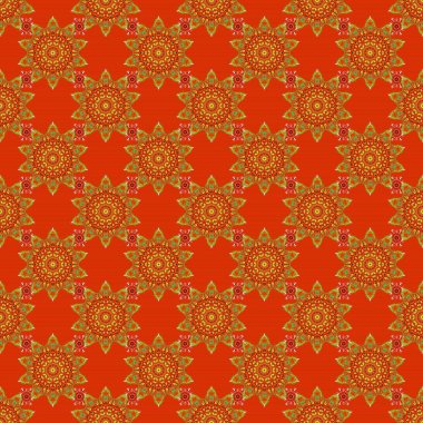 Vektör doğu tarzı arabesk. Sarı, kırmızı ve turuncu elementlere, buklelere ve süslemelere sahip kusursuz desen.