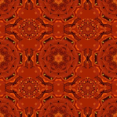 Barok tarzında kusursuz desenli doğu süsü. Geleneksel klasik vektör şablonu kırmızı, sarı ve turuncu. Damask tasarımı.