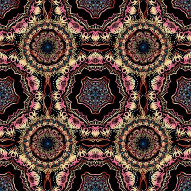 Kusursuz bir arka plan. Renkli desenler antika. Siyah bir arkaplanda kahverengi, bej ve kırmızı renkte çiçek süsü.