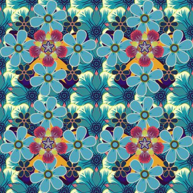 Vektör çiçek deseni. Yeşil, mor ve mavi renklerde renksiz çiçekler..