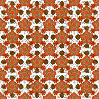 Bej, turuncu ve kahverengi renkte vektör tasarımı. Ditsy tarzı. Çiçeksiz desen, küçük çiçekli basit çiçek deseni..