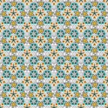 Gri, mavi ve yeşil renklerde pürüzsüz döşeme deseni. Vektör vintage damaske süsü.