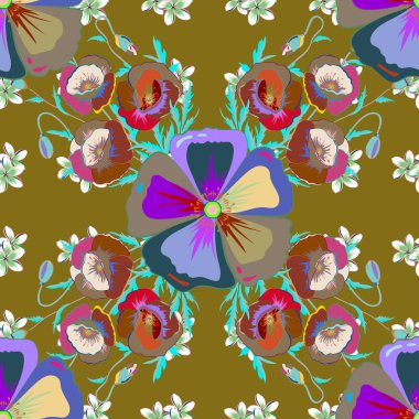 Kahverengi arka planda modaya uygun bir iz. Çiçeğin suluboya çizimlerinin zarif deseni, klasik tarzda. Kozmos çiçekleriyle suluboya kusursuz desen. Dekorasyon ve tasarım için güzel desen.