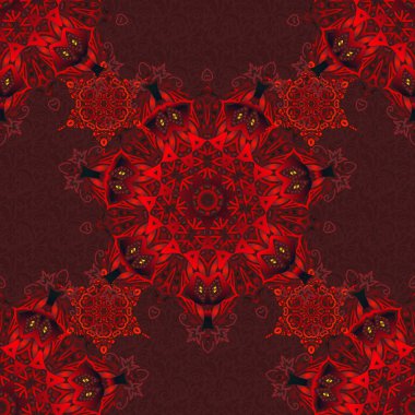 Siyah, kırmızı ve sarı elementlerle desenli vektör parıltısı. Stilize süs. Tatil için mükemmel..