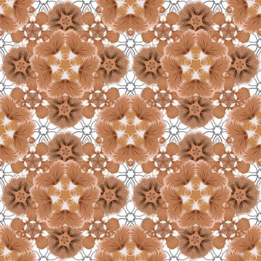 Bej, kahverengi ve turuncu süslemeli, geometrik Fas dikişsiz desenli vektör soyut yama arkaplanı. Etnik Hint folkloru. Şekil verilmiş yıldızlar, kar taneleri ve ızgaralar.