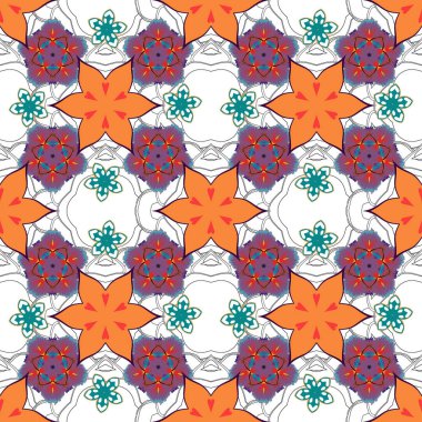 Yumuşak suluboya çiçek deseni - turuncu, mavi ve kırmızı renklerde kusursuz desen. Vektör illüstrasyonu.