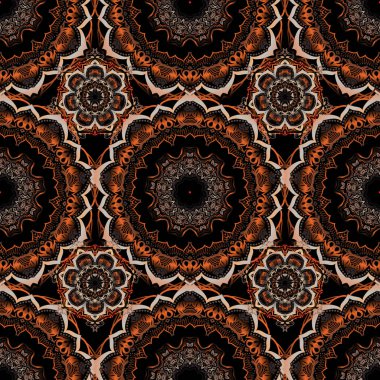 Siyah arkaplandaki çok renkli süsün vektörsüz deseni. Doğulu, karalama süsü. Halılar, tekstil, duvar kağıtları ve herhangi bir yüzey için şablonlar.