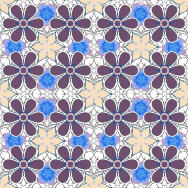 Tebrik etmek ya da kartvizit, fon, kumaş ya da tekstil için kullanılabilir. Mor, mavi ve gri renklerde kusursuz bir süs eşyası. Etnik havlu, kına tarzı. Vektör Hindistan Çiçek Paisley patentini.