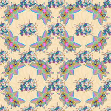 Moda baskıları için zarif bir şablon. Yeşil ve mavi renkli Ditsy çiçekleri. Vektör çizimi. Küçük çiçekte şirin, pürüzsüz desen.