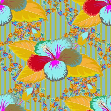 Vektör çiçek çizimi. Çiçek motifli kusursuz desen. Sarı ve mavi çiçekli kusursuz çiçek deseni, suluboya.