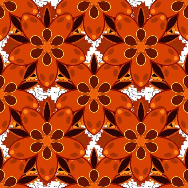 Çiçek ve yaprakları bej, kırmızı ve turuncu renklerde olan kusursuz çiçek deseni.