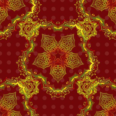 Zarif yeşil, kırmızı ve sarı pürüzsüz desenli ve Mandala elementli. El çizimi güzel bir vektör çizimi.