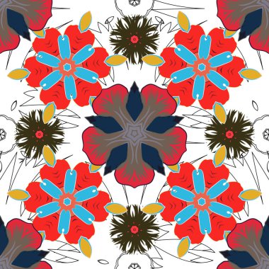 Mavi, kırmızı ve gri renklerdeki elementlerin kusursuz görüntüsü. Vektör çizimi. Duvar kağıdı, sunum, tasarım, baskı veya tekstil için iyi desen.