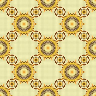 Sarı, kahverengi ve bej desenli. Doğum günü kartı, davetiye ya da afiş için uygun. Dekoratif simetri arabesk. Vektör çizimi. Ortaçağ kraliyet düzeni.