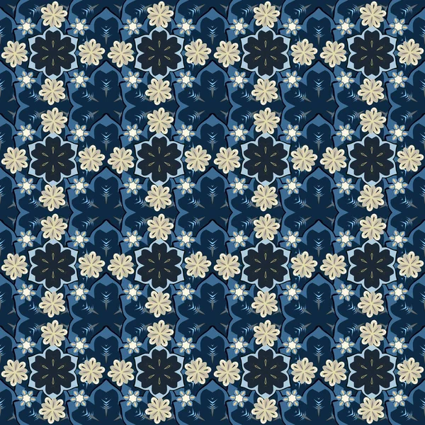 Цветочный Узор Цветками Листьями Бежевого Голубого Синего Цветов — стоковый вектор