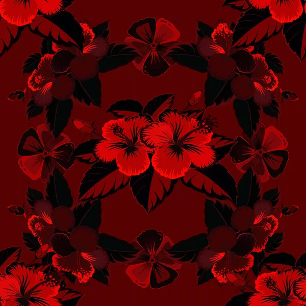 Ilustración Pintada Mano Colores Rojo Negro Vector Hojas Tropicales Flores — Vector de stock