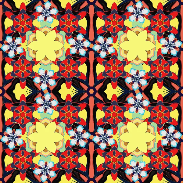 Pola Mulus Dengan Warna Kuning Biru Dan Merah Dengan Bunga - Stok Vektor