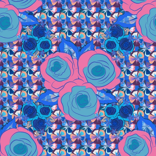 Fleurs Roses Motif Sans Couture Dans Les Couleurs Pourpre Bleu — Image vectorielle