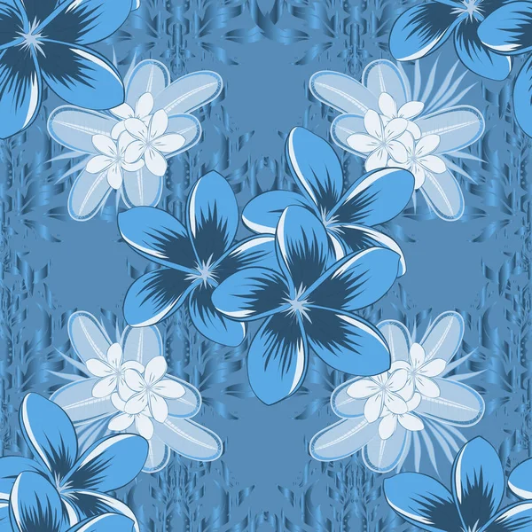 Impressão Floral Vetorial Cores Azul Cinza Padrão Flores Bonito Plumeria — Vetor de Stock