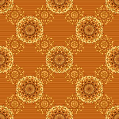 Vektör çizimi. Parlak turuncu, kahverengi ve sarı arka plan. Çizgili geometrik modern elementlerle kusursuz desen. Puantiye, konfeti. Art deco biçimi.