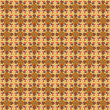 Duvar kağıdı, sunum, tasarım, baskı veya tekstil için iyi bir model. Kahverengi, turuncu ve sarı renklerdeki elementlerin kusursuz görüntüsü. Vektör illüstrasyonu.