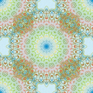 Barok tarzında Damask deseni. Antik ortaçağ barok özeti ve süslemeleri olan duvar kâğıdı. Barok damaske klasik mavi, sarı ve yeşil vektör pürüzsüz desenli arka plan. Barok süsü.