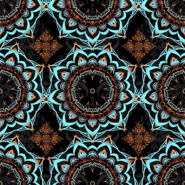 Halılar, tekstil, duvar kağıtları ve herhangi bir yüzey için şablonlar. Doğulu, çiçekli bir süs. Siyah bir arkaplanda çok renkli süslemenin vektörsüz deseni.