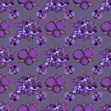 Güzel suluboya primula çiçekleri, parlak tablolar çiçek desenlerine ilham kaynağı oldu. Mor ve mor renklerde vektörsüz desen.