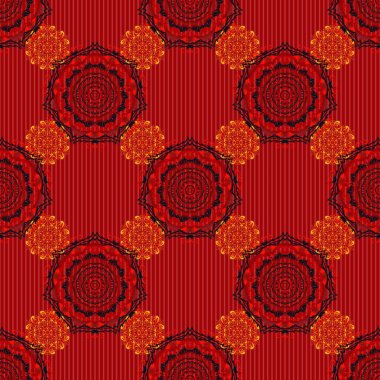 Vektör çizimi. Siyah arka planda kırmızı ve turuncu renklerde. Ikat damaske desensiz arkaplan fayansı.