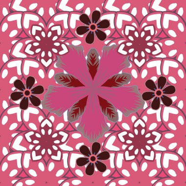 Beyaz, kırmızı ve pembe desenli. Zarif retro vektör pürüzsüz desen. Eskiz.