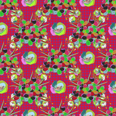 Mavi ve yeşil renkli, soyut sevimli çiçeklerin olduğu bahar kağıdı. Çiçeksiz desen. Vektör illüstrasyonu.