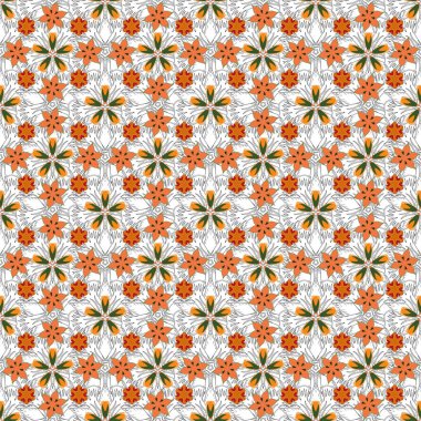 Gri, yeşil ve turuncu renklerde kusursuz desen. Karmaşık süslemeli vektör çizimi.