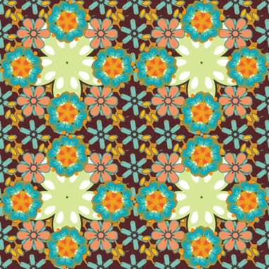 Motley süsleme deseni mavi, sarı ve kahverengi renklerde. Tasarım daveti, baskı, kart, duvar kağıdı, tekstil veya kumaş için Raster baskısı.