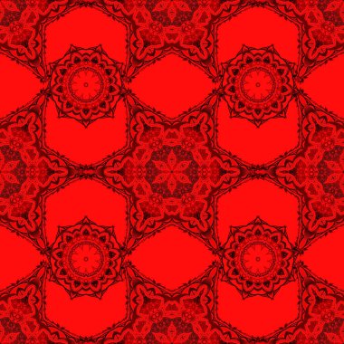 Siyah arkaplanda kırmızı renklerle süslenmiş vektörsüz süs. Sıkıntılı damask desensiz arkaplan fayansı.