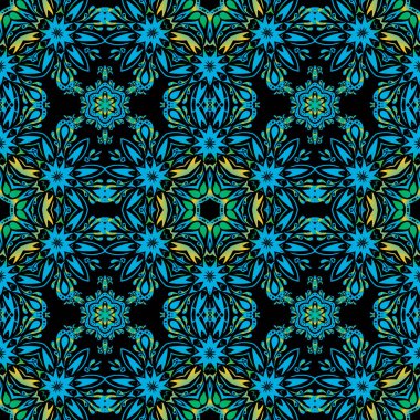 Siyah arka planda, mavi ve yeşil süslemelerden oluşan kusursuz bir desen. Halılar, tekstil, duvar kağıtları ve herhangi bir yüzey için şablonlar. Doğulu, çiçekli bir süs.