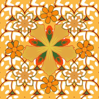 Çiçekli arka plan, suluboya etkisi. Yatak çarşafı, ceket, paket tasarımı, kumaş veya moda konsepti için tekstil baskısı. Beyaz, sarı ve turuncu renklerde yaprakları ve çiçekleri olan pürüzsüz bir desen.