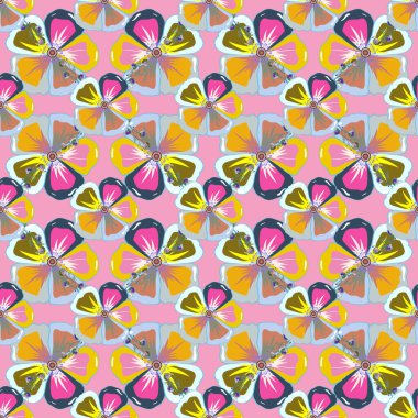 El çizimi çiçek illüstrasyonu. Çok renkli, soyut çiçek arkaplanı. Birçok soyut çok renkli çiçeğin çizimi.